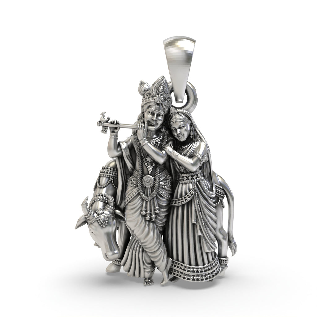 Front view of the 925 silver Radha Krishna pendant featuring intricate handmade details of the divine couple.