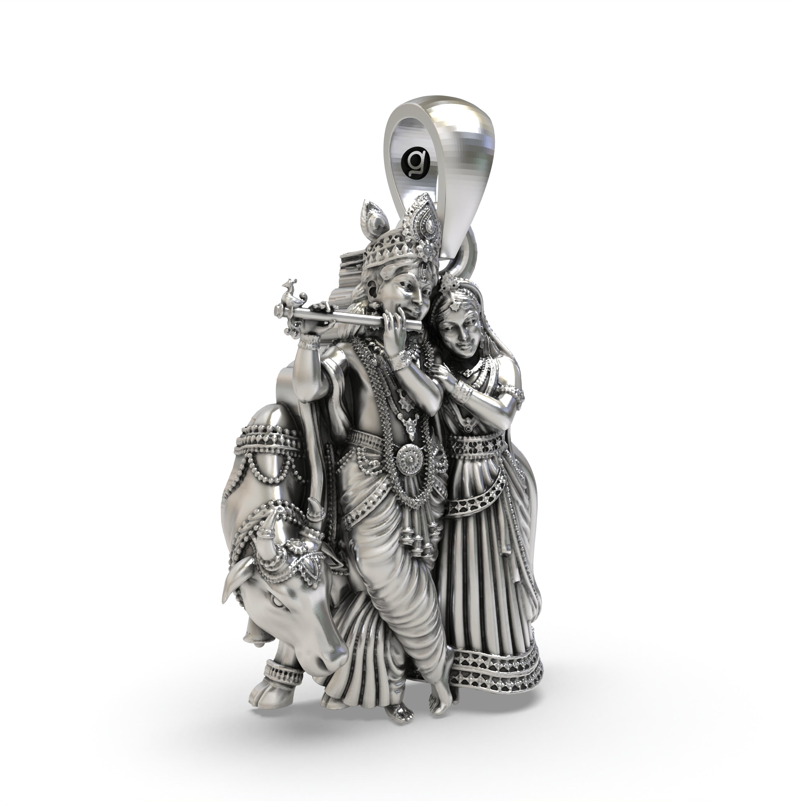 Side profile view of the handcrafted 925 silver Radha Krishna charm highlighting the artisan silver finish.
