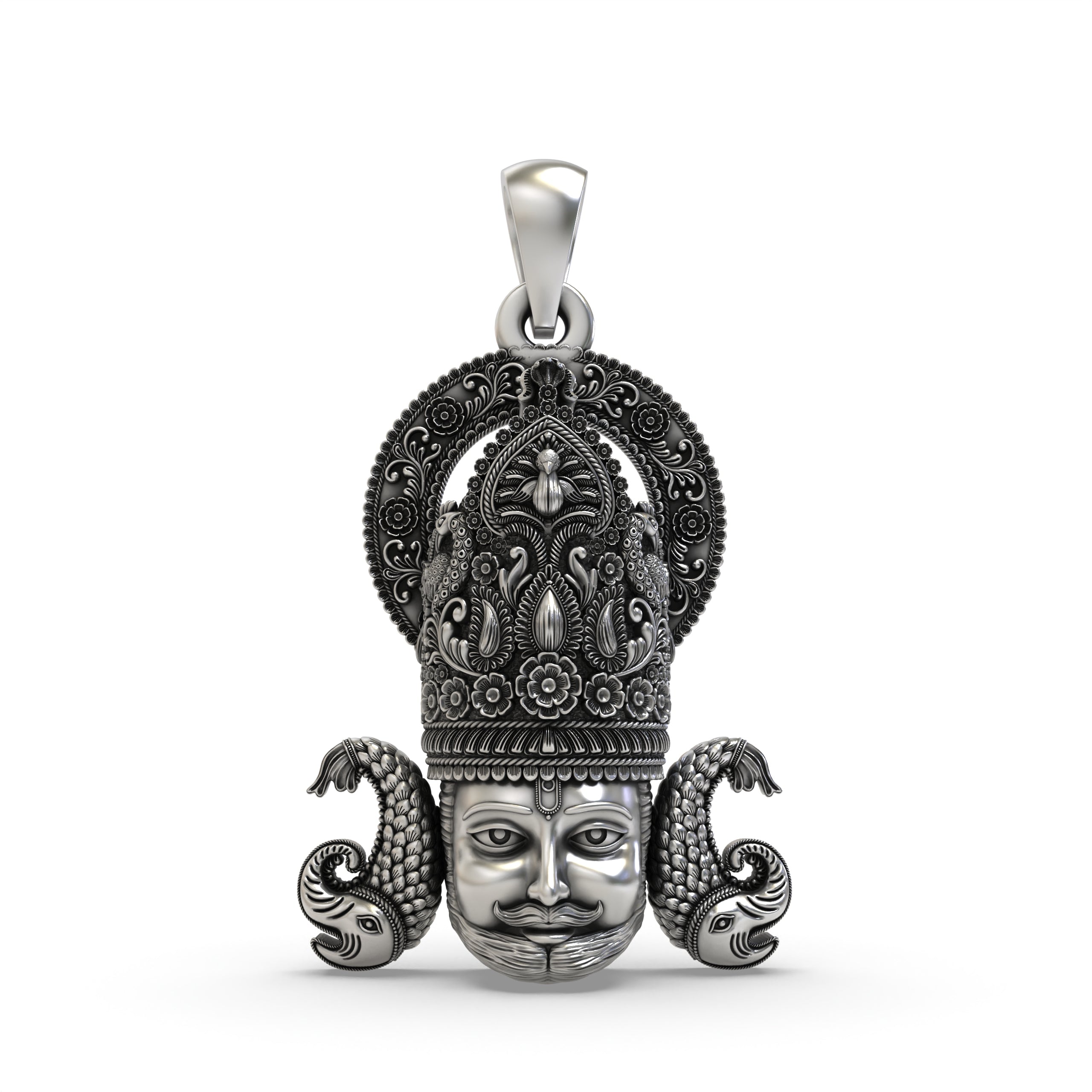 Front view of the handcrafted 925 Silver Khatu Shyam Ji Pendant with oxidized finish.