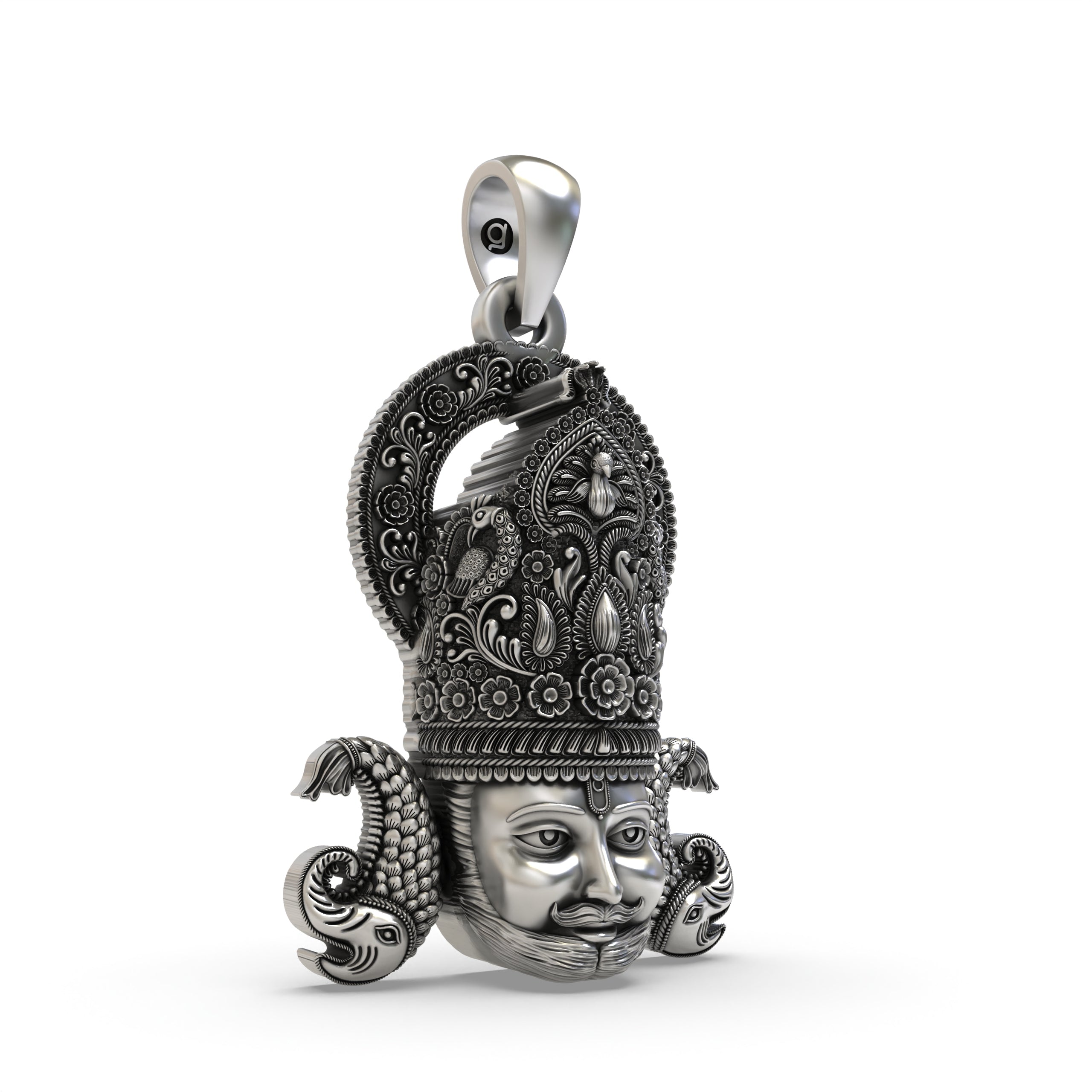 Angled view of the temple jewelry Khatu Shyam Ji silver pendant highlighting floral motifs.