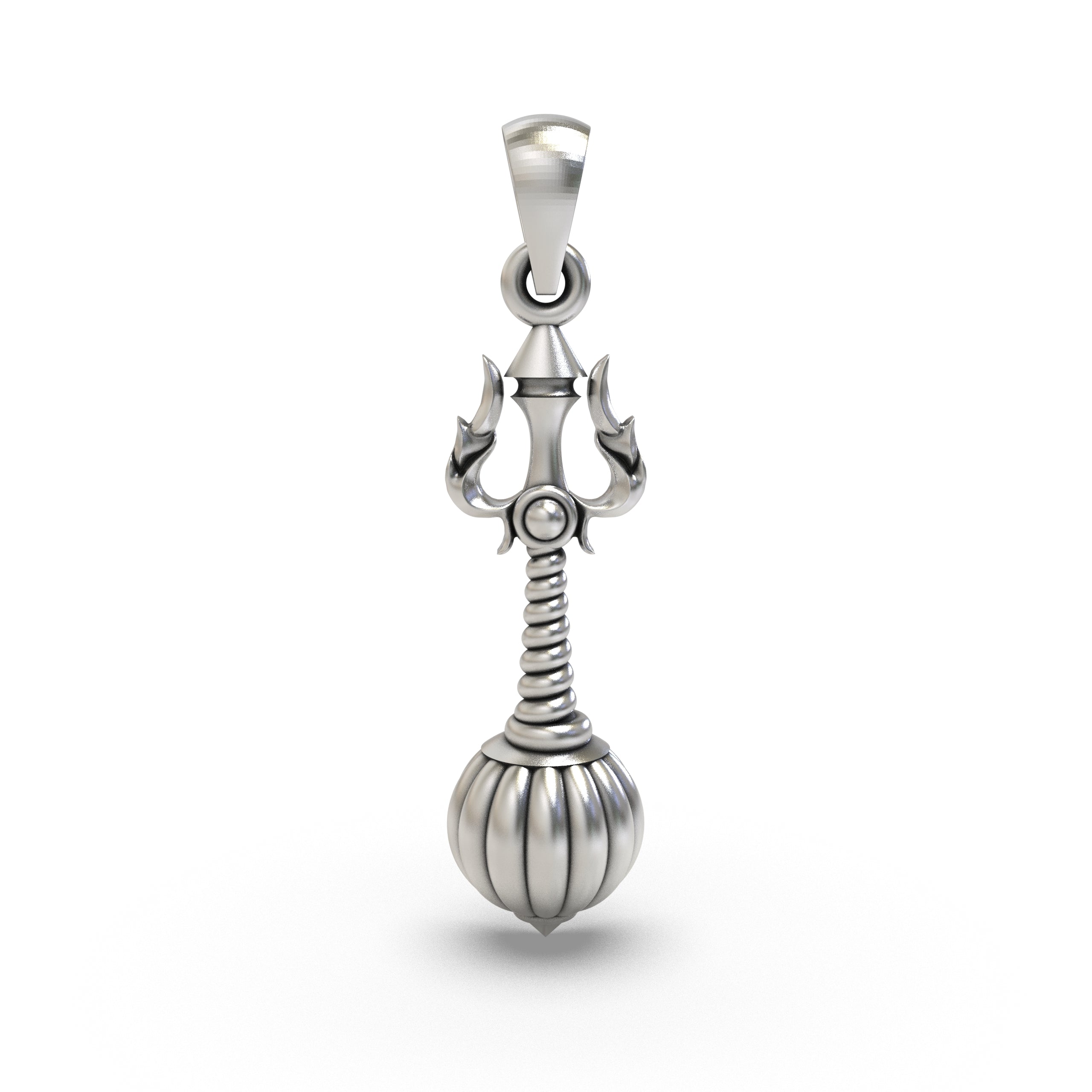Front view of the 925 sterling silver Trishul Gada pendant featuring intricate Mahadev detailing.