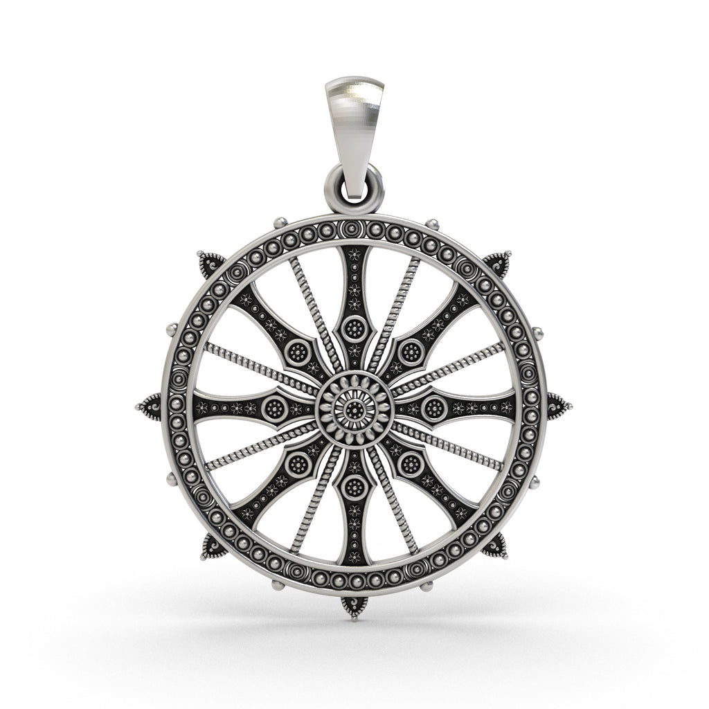 Front view of the 925 silver Sudarshan Chakra pendant with intricate oxidized detailing.