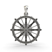 Front view of the 925 silver Sudarshan Chakra pendant with intricate oxidized detailing.