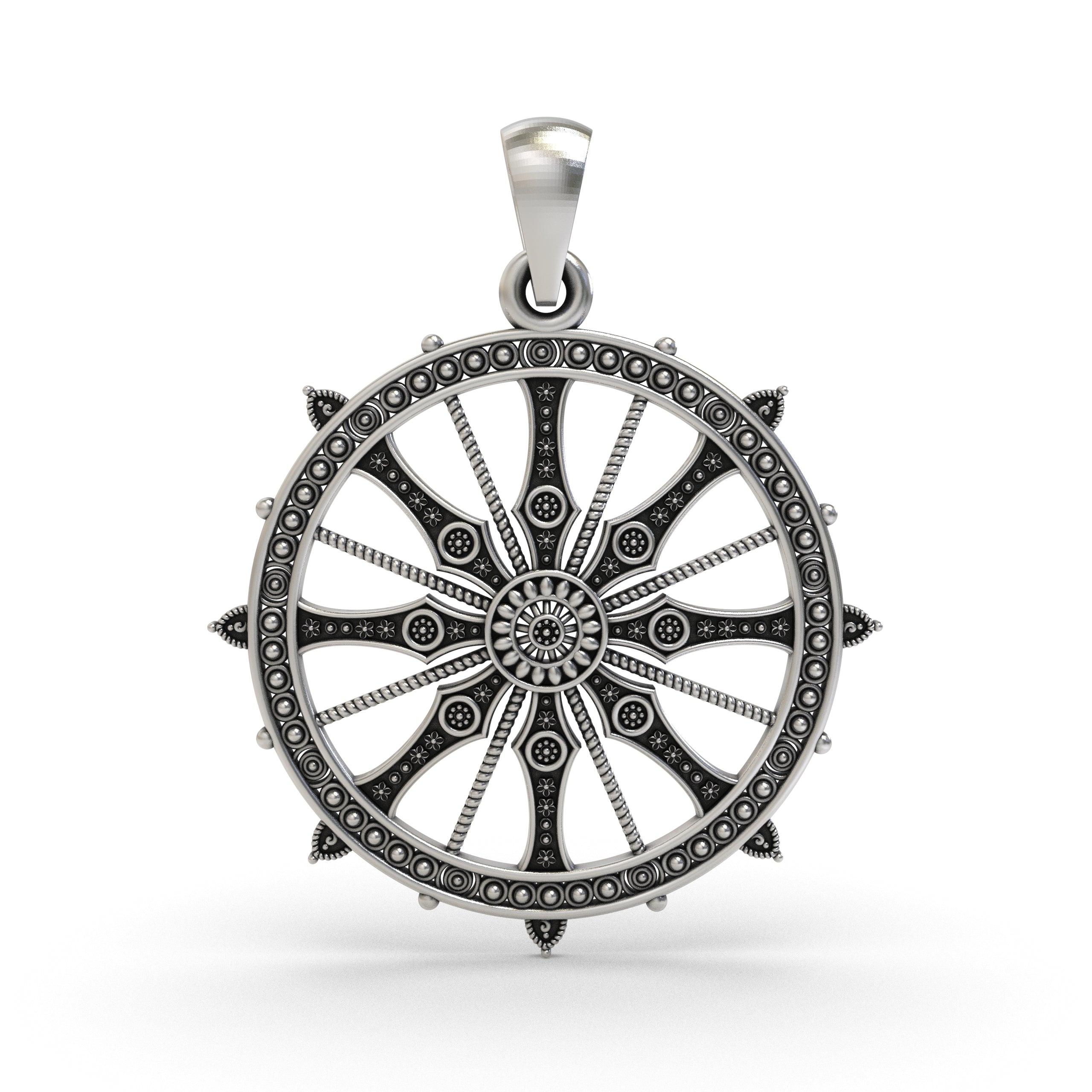 Front view of the 925 silver Sudarshan Chakra pendant with intricate oxidized detailing.