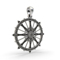 Detailed craftsmanship of the handmade 925 silver Hindu spiritual Sudarshan Chakra pendant.