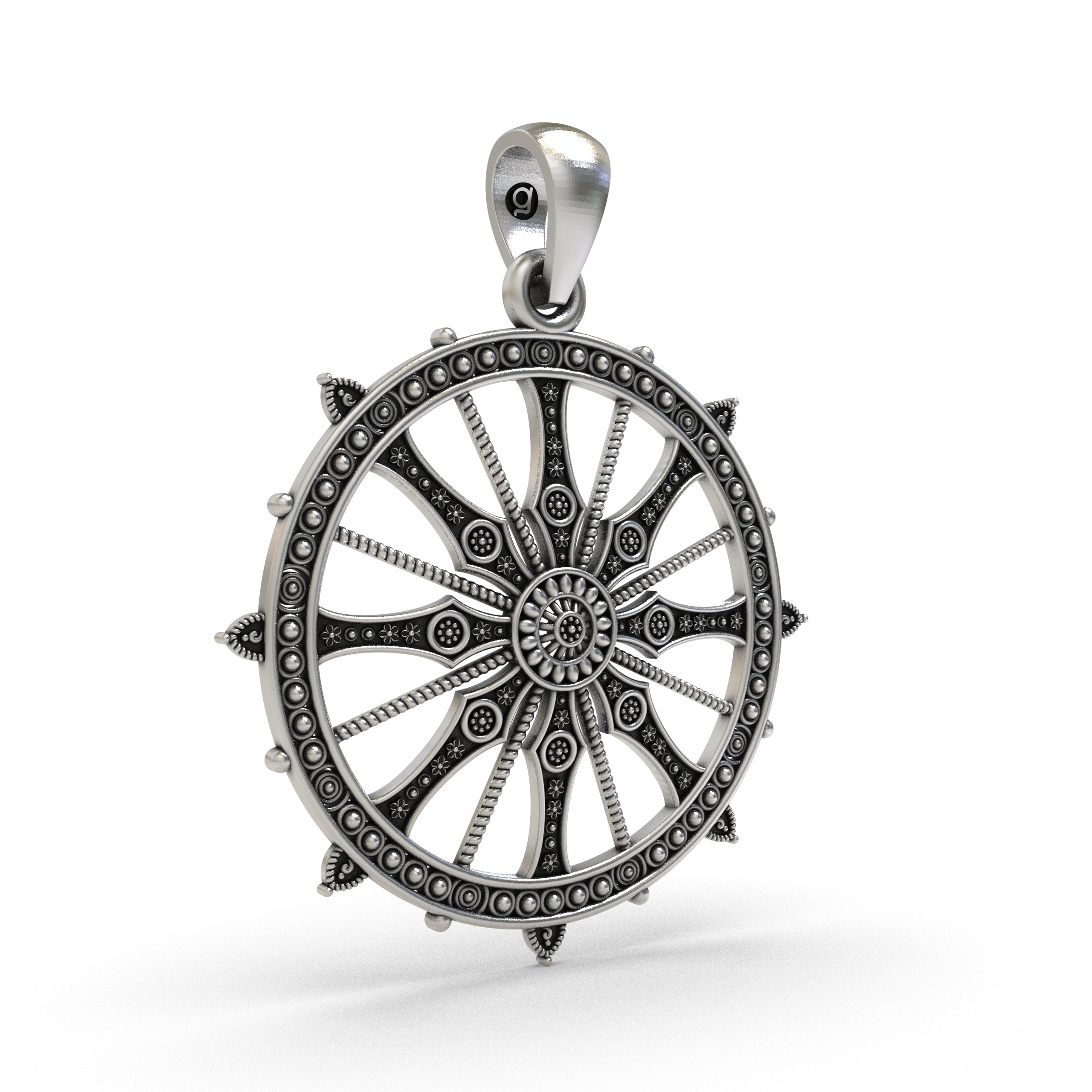 Detailed craftsmanship of the handmade 925 silver Hindu spiritual Sudarshan Chakra pendant.