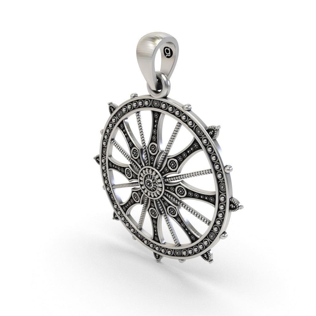 Angled view of the lightweight oxidized silver Sudarshan Chakra pendant for men and women.