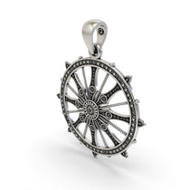 Angled view of the lightweight oxidized silver Sudarshan Chakra pendant for men and women.