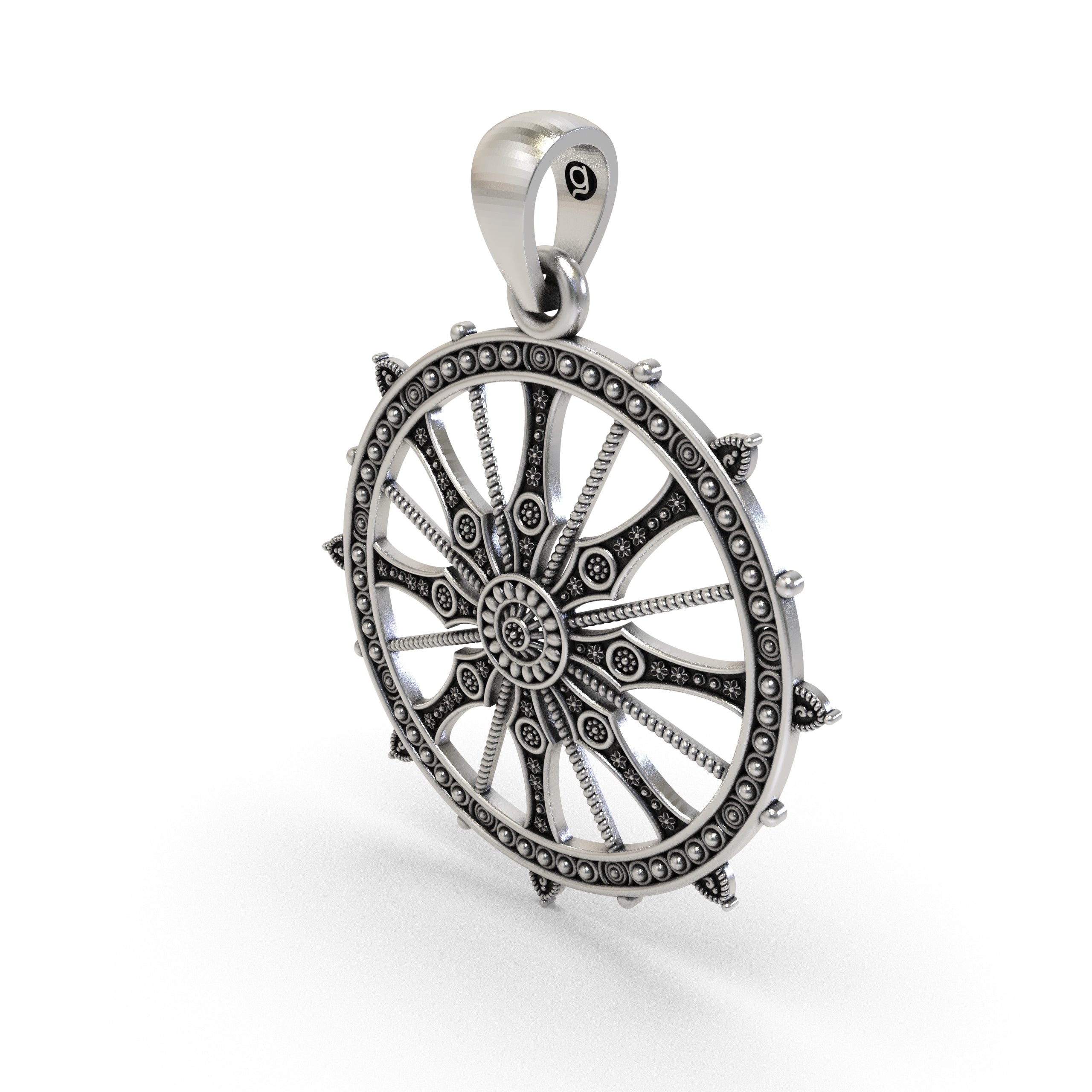 Angled view of the lightweight oxidized silver Sudarshan Chakra pendant for men and women.
