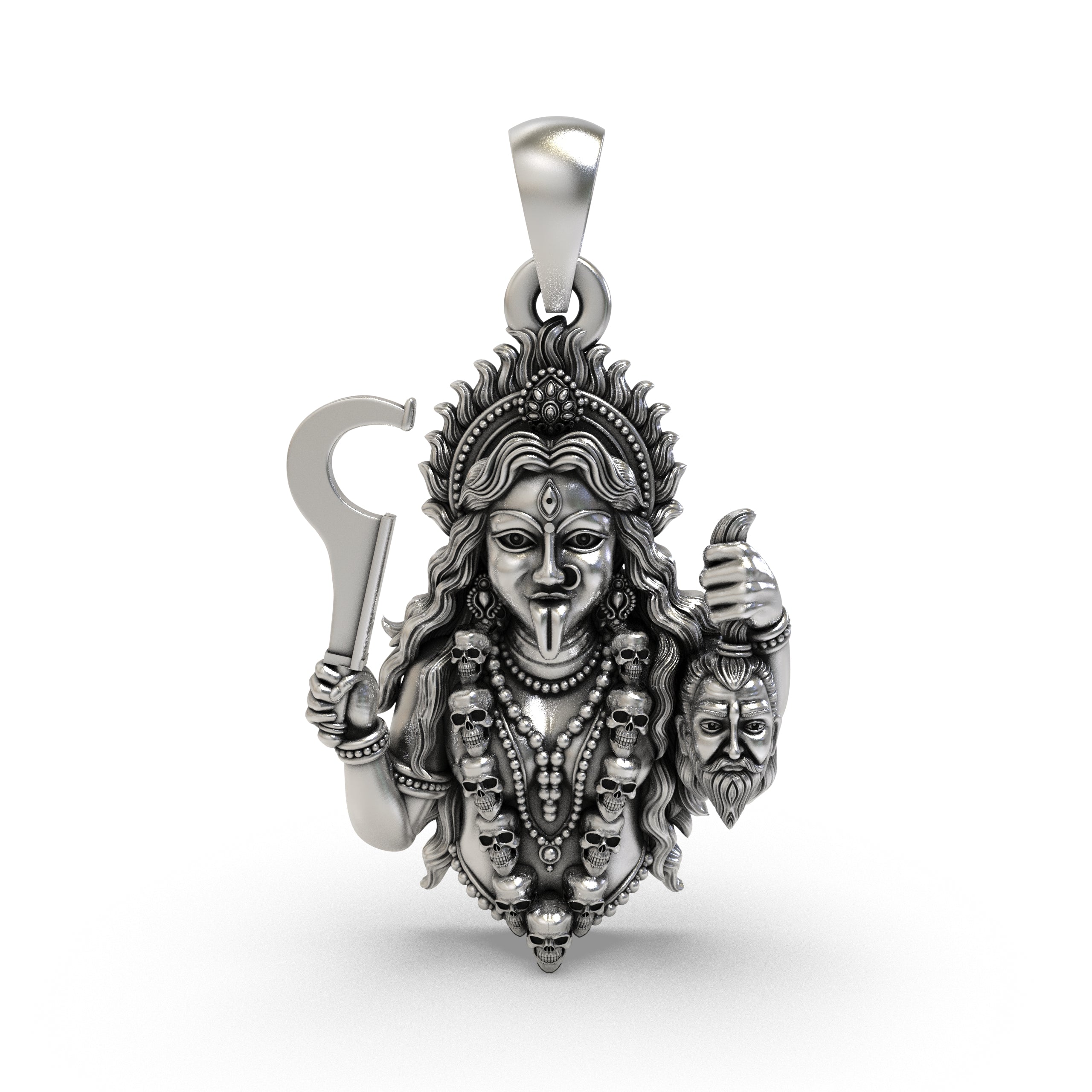 Front view of the 925 Silver Kali Maa Pendant showcasing intricate handmade detailing of the fierce Goddess. Main image
