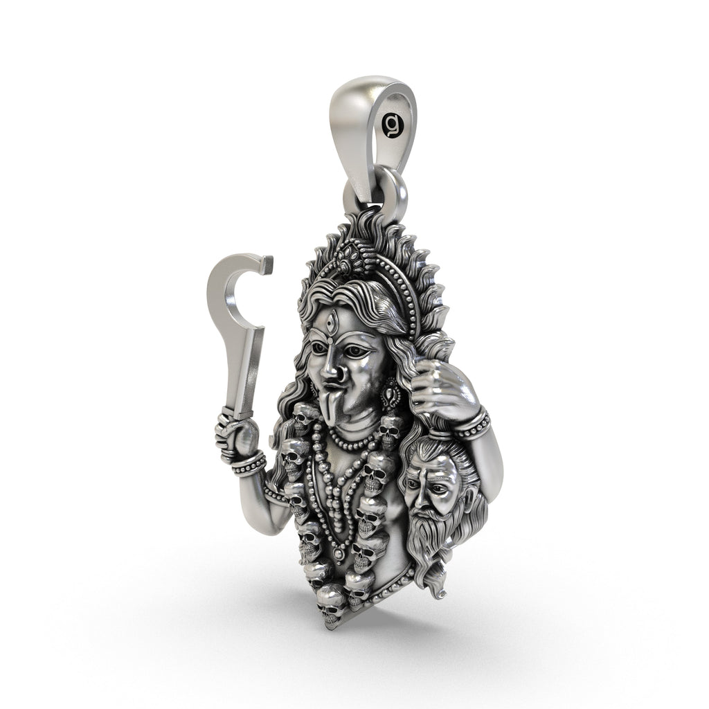 Close-up of the 925 sterling silver Goddess Kali necklace highlighting the garland of skulls and sword.