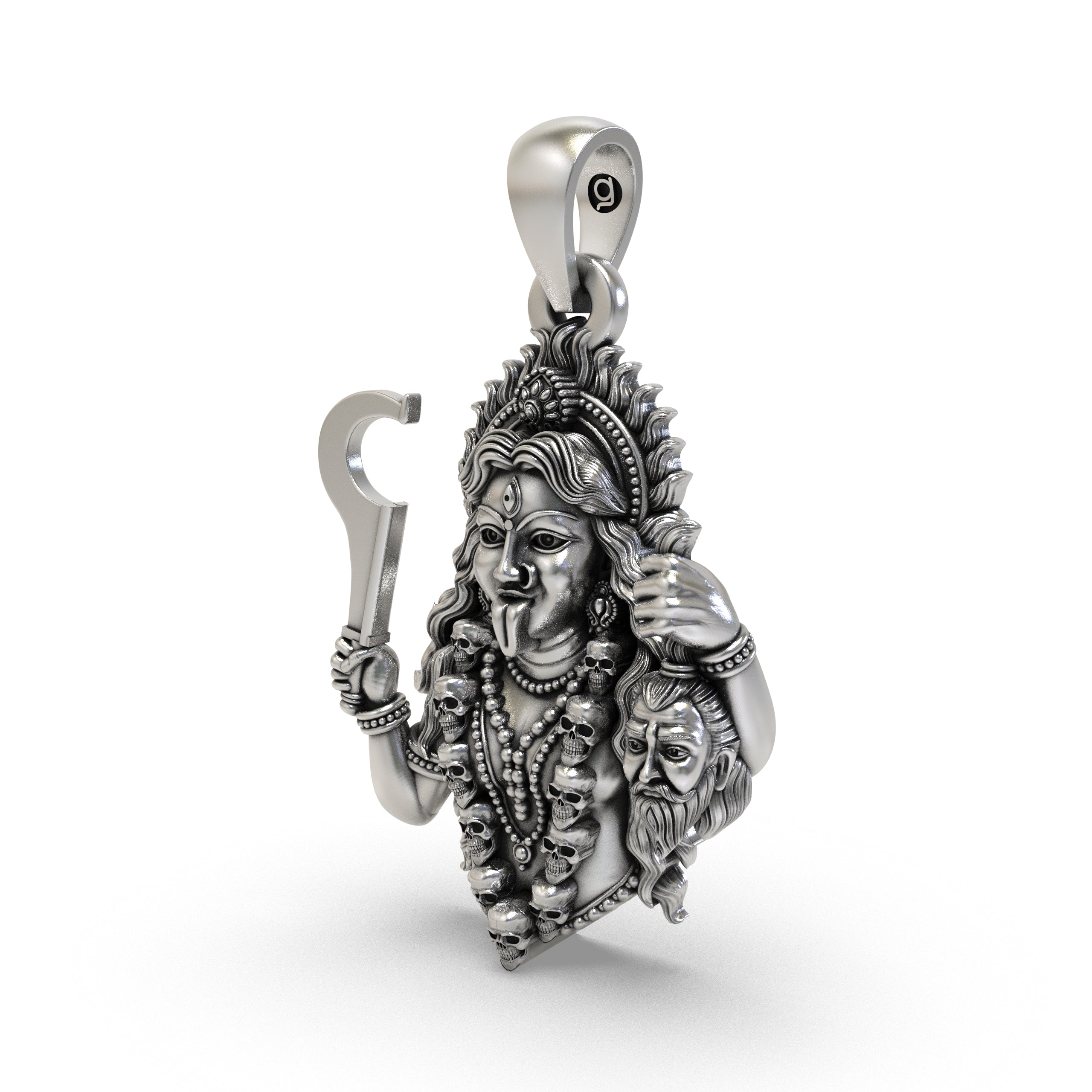 Close-up of the 925 sterling silver Goddess Kali necklace highlighting the garland of skulls and sword.
