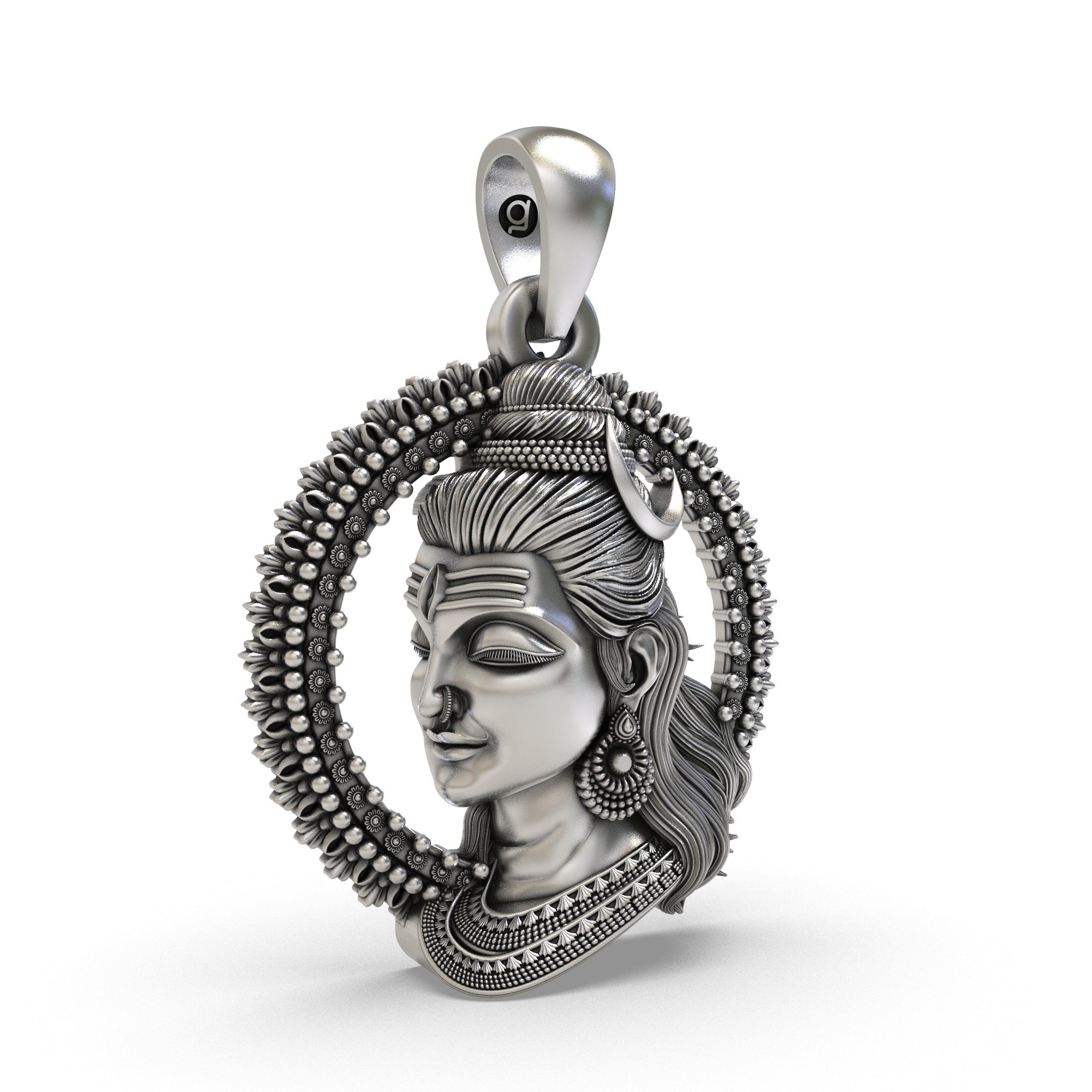 Side profile of the 925 silver Lord Shiva pendant displaying its beautiful oxidized finish.