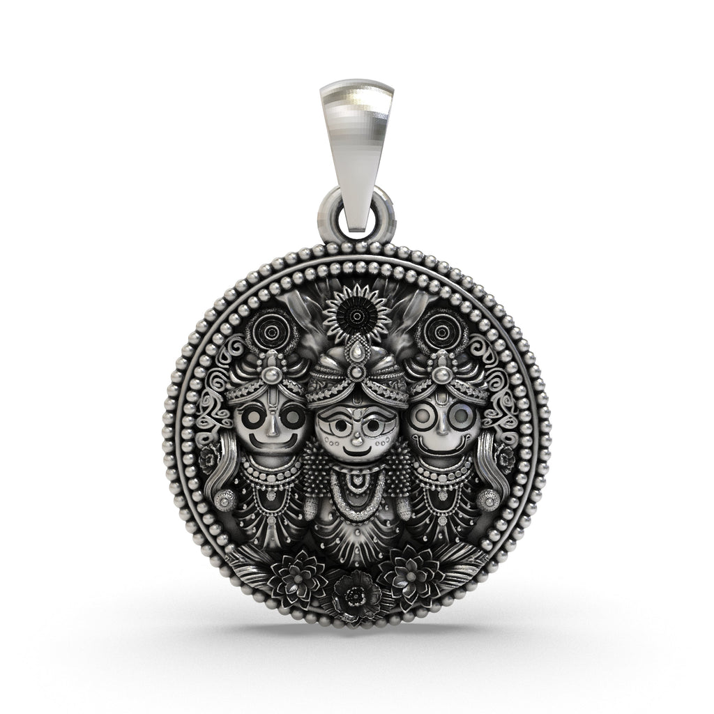 Front view of the 925 silver Jagannath Balabhadra Subhadra pendant with oxidized finish.