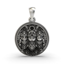 Front view of the 925 silver Jagannath Balabhadra Subhadra pendant with oxidized finish.
