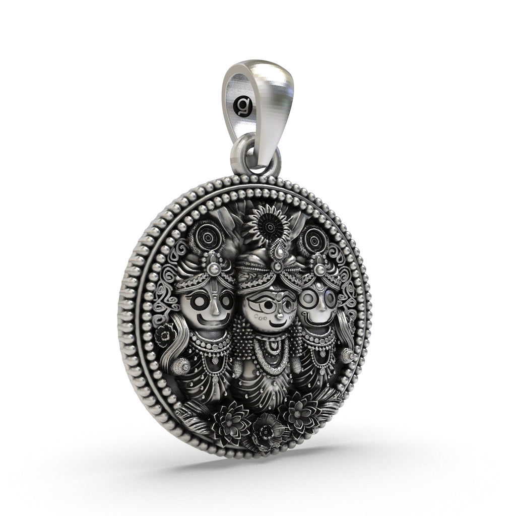 Antique oxidized finish highlighted on the temple-inspired beaded border of the pendant.