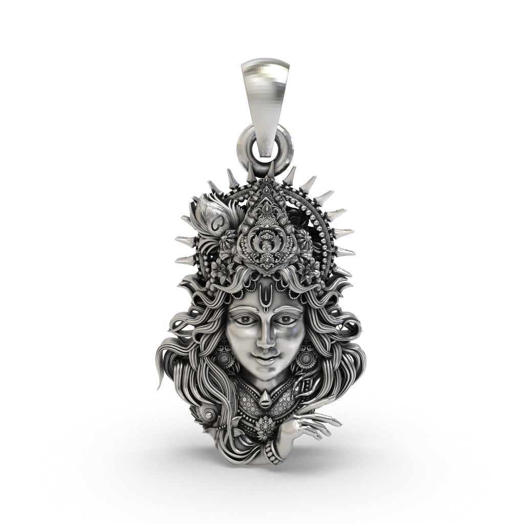 Front view of the 925 silver Krishna face pendant featuring a peacock feather crown.