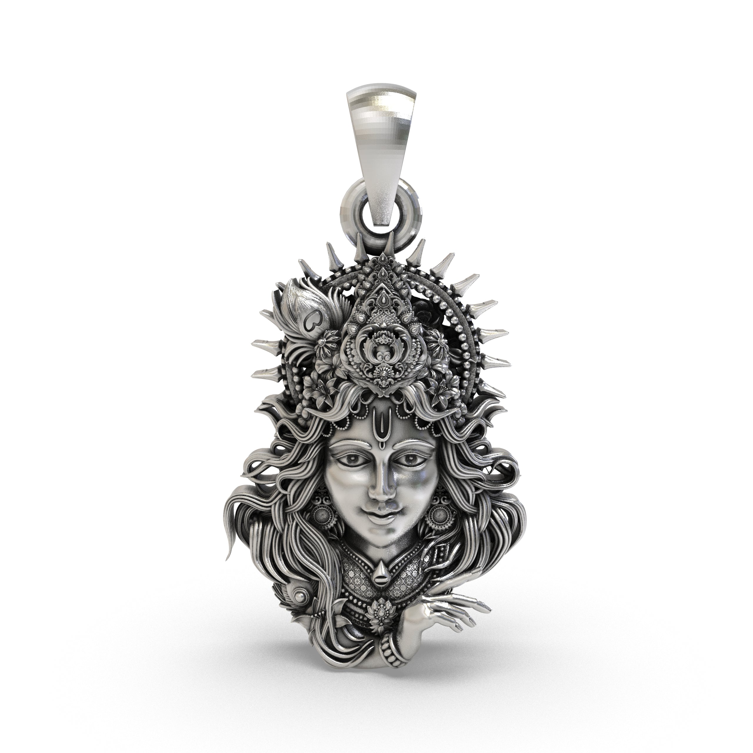 Front view of the 925 silver Krishna face pendant featuring a peacock feather crown.