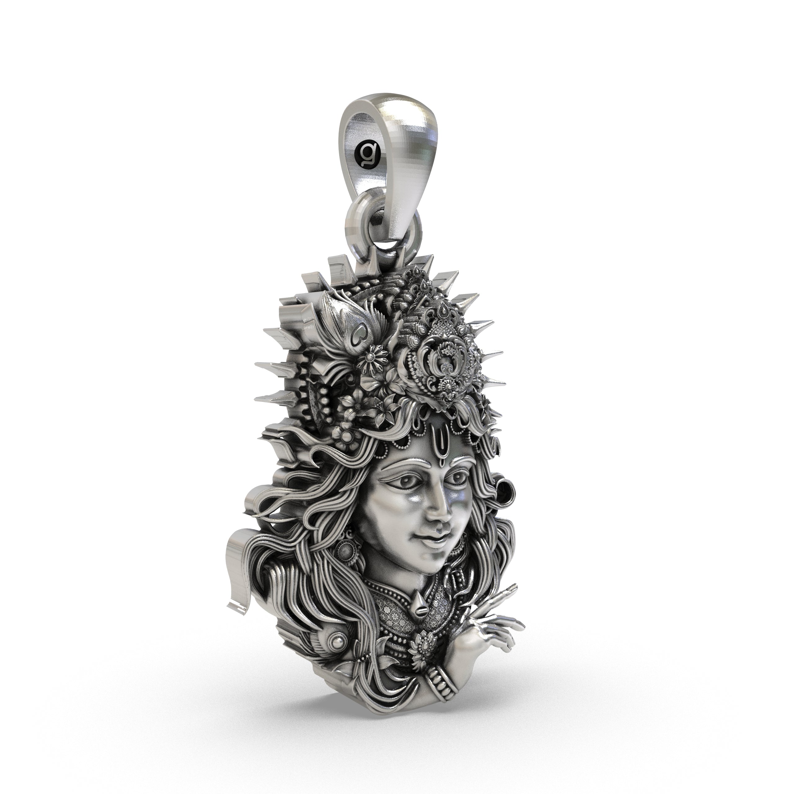 Side angle of the 925 silver Krishna face pendant showing the intricate temple-style design.