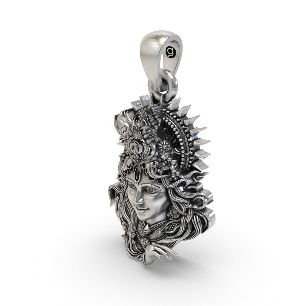 Worn look of the unisex 925 silver Krishna face pendant resting beautifully on a chain.