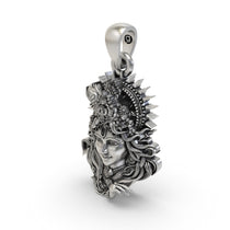 Worn look of the unisex 925 silver Krishna face pendant resting beautifully on a chain.