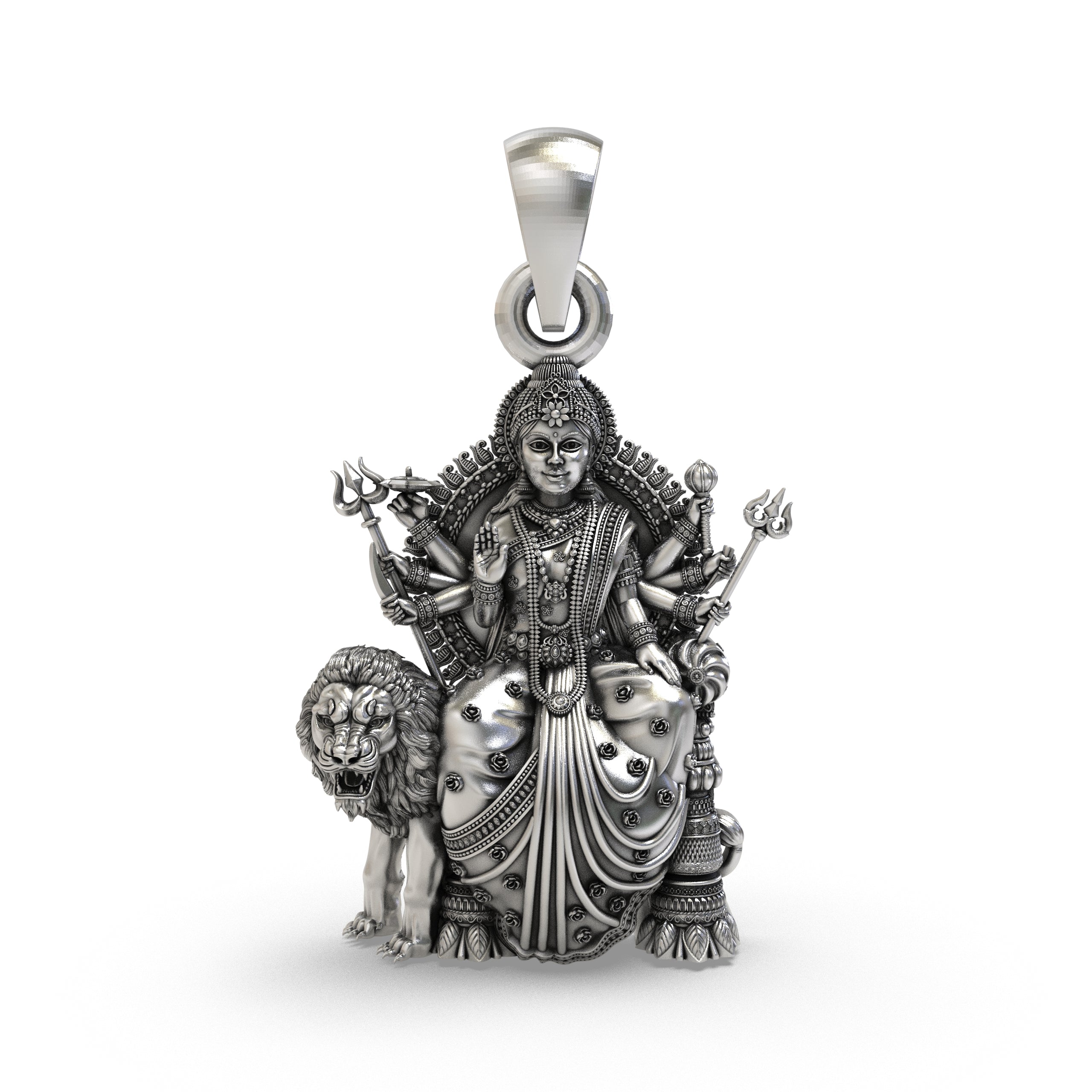 Front view of the 925 Silver Durga Maa Pendant showing intricate Simhavahini lion and Trishul details. Main image