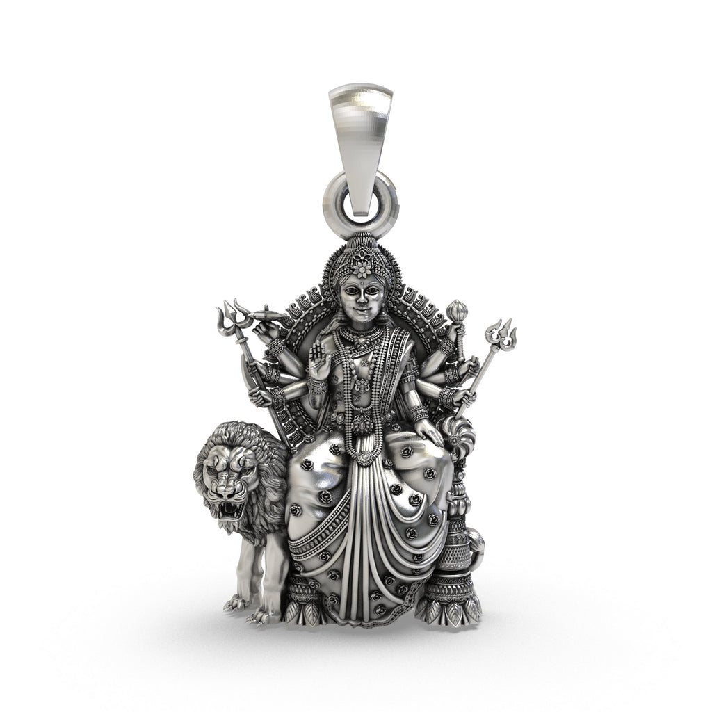 Front view of the 925 Silver Durga Maa Pendant showing intricate Simhavahini lion and Trishul details.