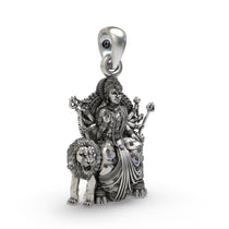 Side profile view of the multi-armed Durga Maa silver pendant highlighting its temple style craftsmanship.