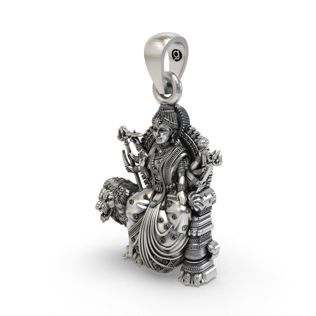 Spiritual 925 silver Durga Maa pendant worn on a chain, perfect for daily wear or Navratri gifting.