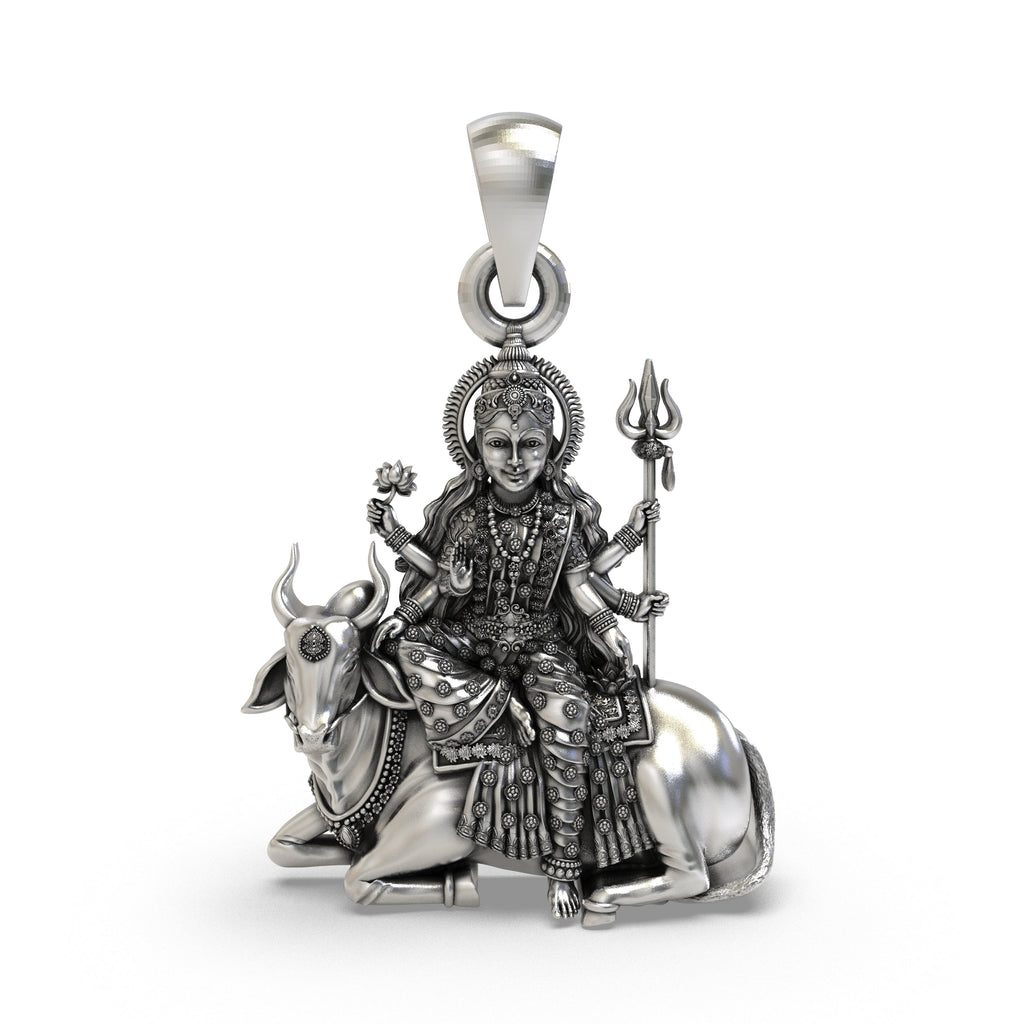 Front view of the 925 Silver Mahagauri Durga Pendant by Alankar showing the intricate antique oxidized finish.