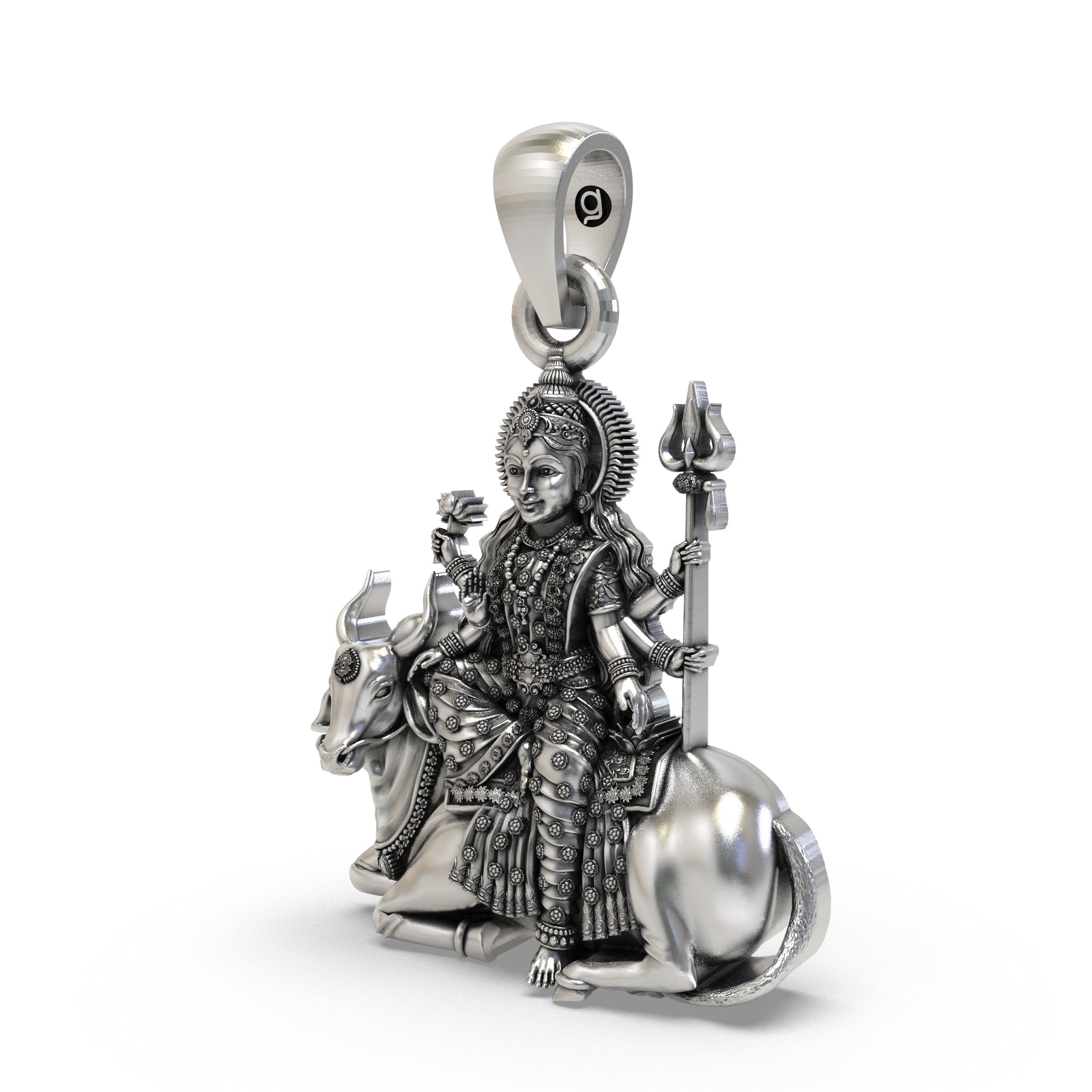 Close-up detail of the handcrafted 925 silver Mahagauri pendant featuring Vrishabha, Trishul, and Lotus.
