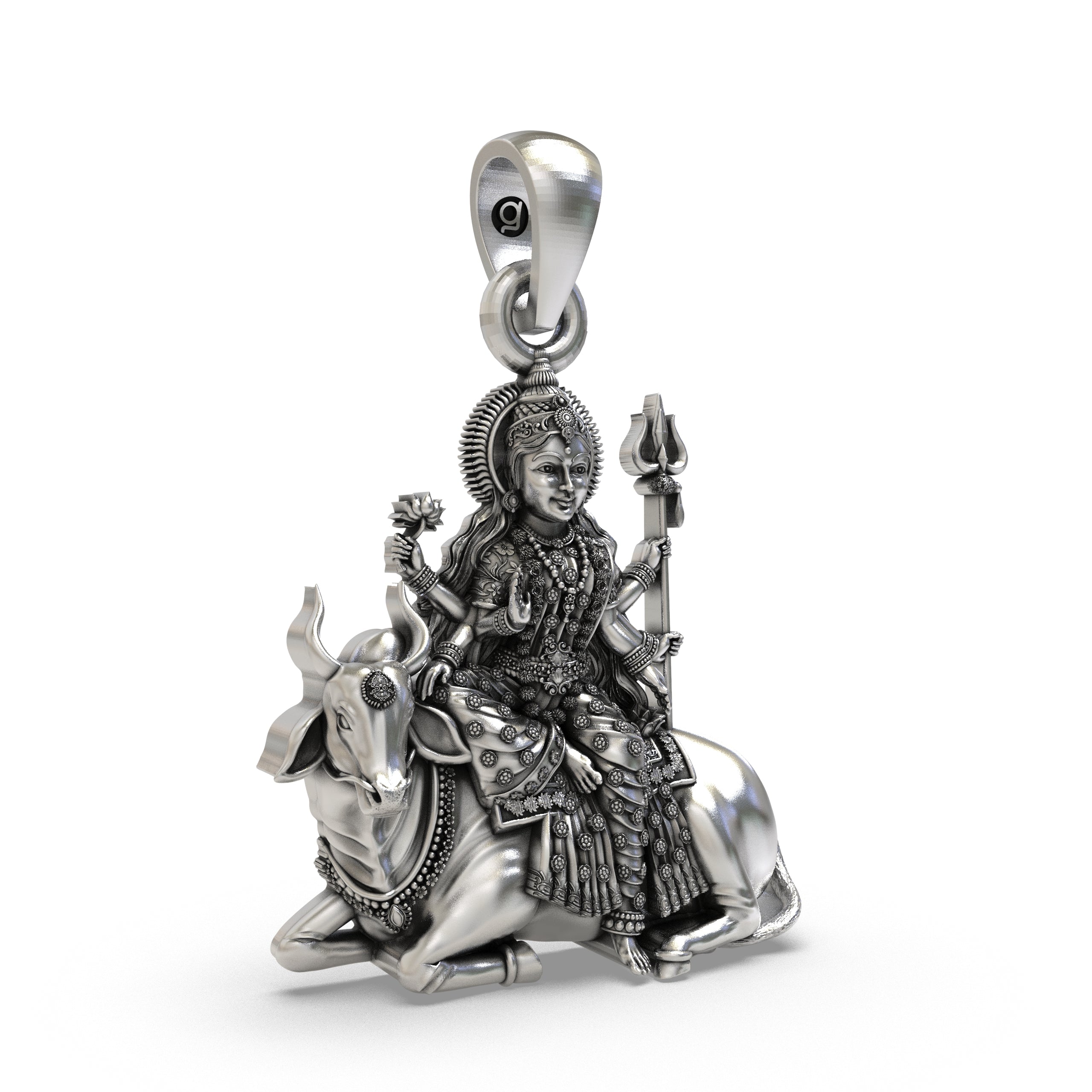 Angled profile of the antique-oxidized 925 sterling silver Mahagauri Durga pendant showcasing temple carving.