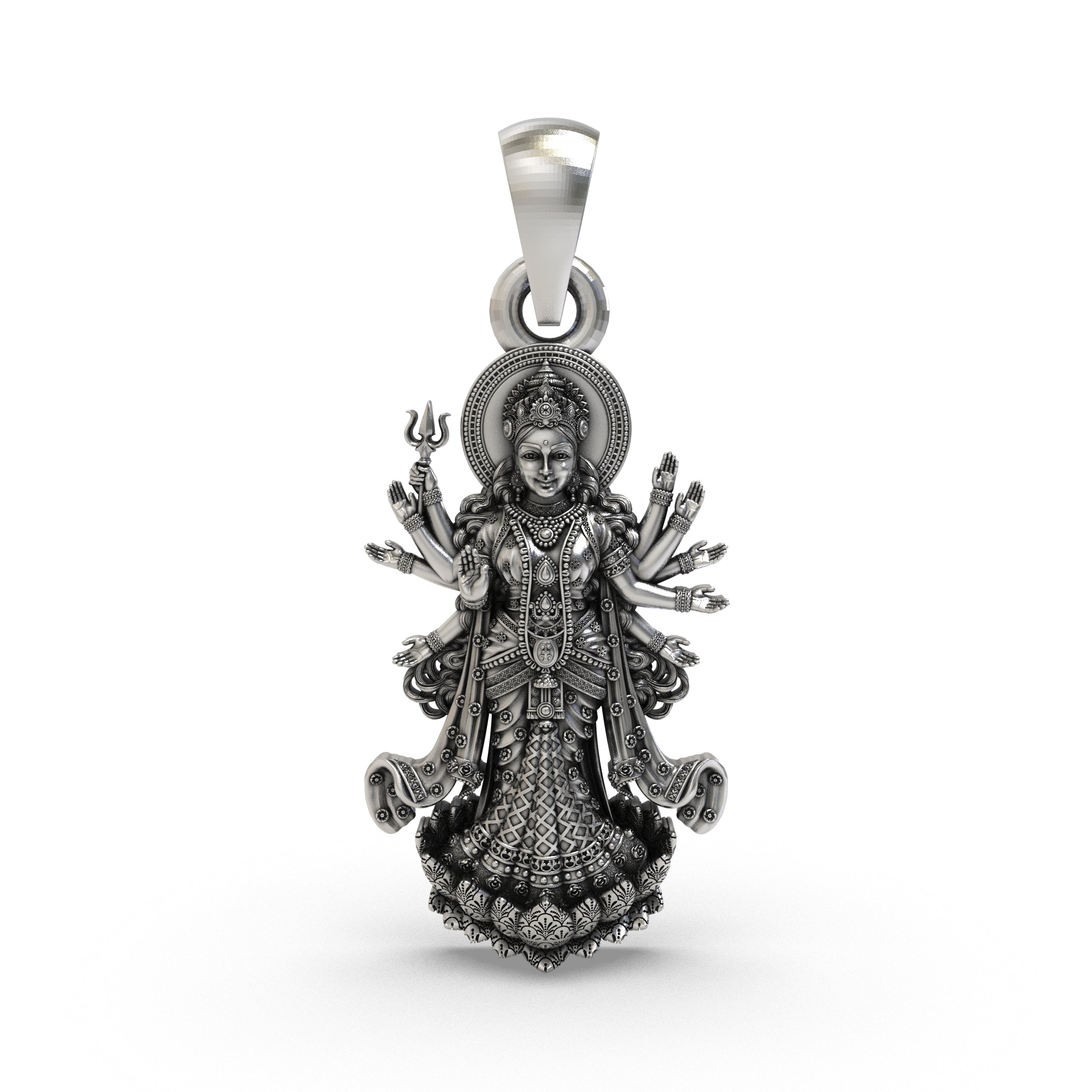 Front view of the 925 Silver Durga Maa pendant featuring multi-armed Shakti and Trishul detailing. Main image