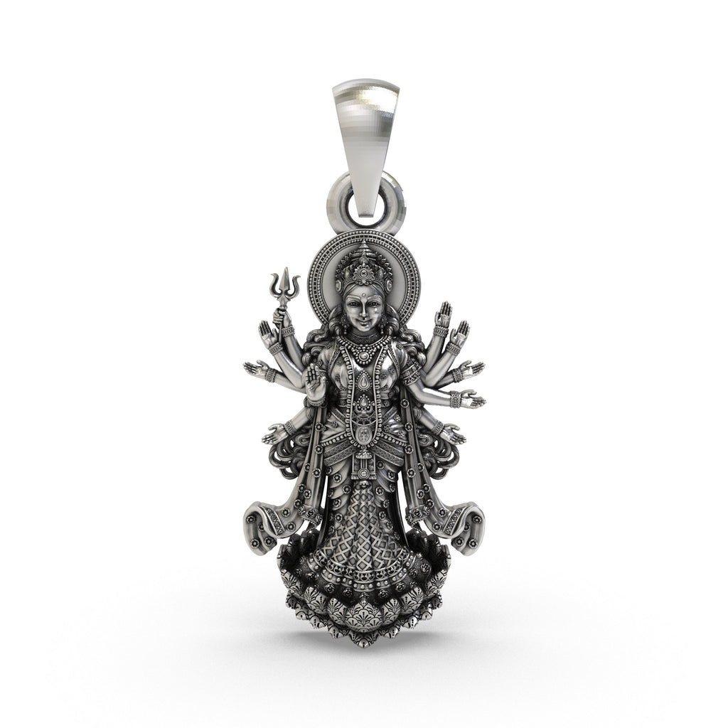 Front view of the 925 Silver Durga Maa pendant featuring multi-armed Shakti and Trishul detailing.