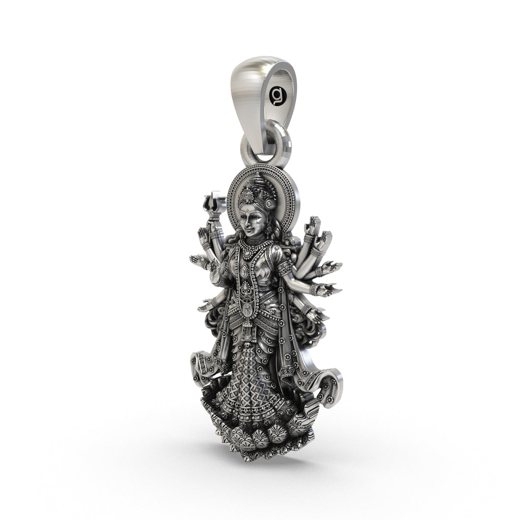Close-up of the antique oxidized finish on the handcrafted 925 silver Navadurga temple jewelry pendant.