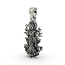 Close-up of the antique oxidized finish on the handcrafted 925 silver Navadurga temple jewelry pendant.