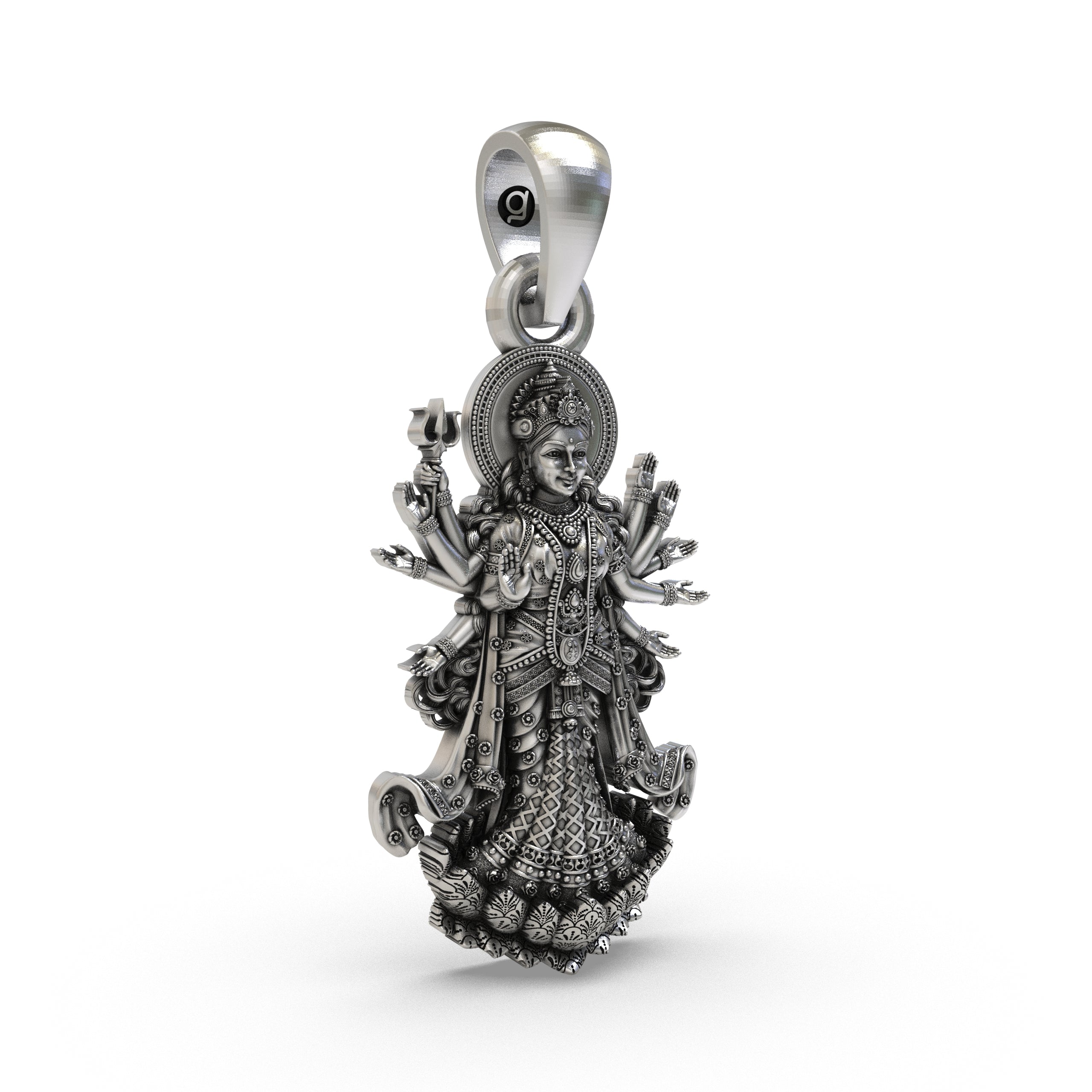 Side profile showcasing the intricate carvings of the 925 sterling silver Durga Maa devotional pendant.