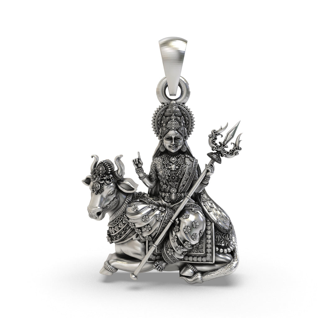 Front view of the 925 silver Mahagauri Durga pendant on a bull with a beautiful antique-oxidized finish.