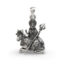 Front view of the 925 silver Mahagauri Durga pendant on a bull with a beautiful antique-oxidized finish.