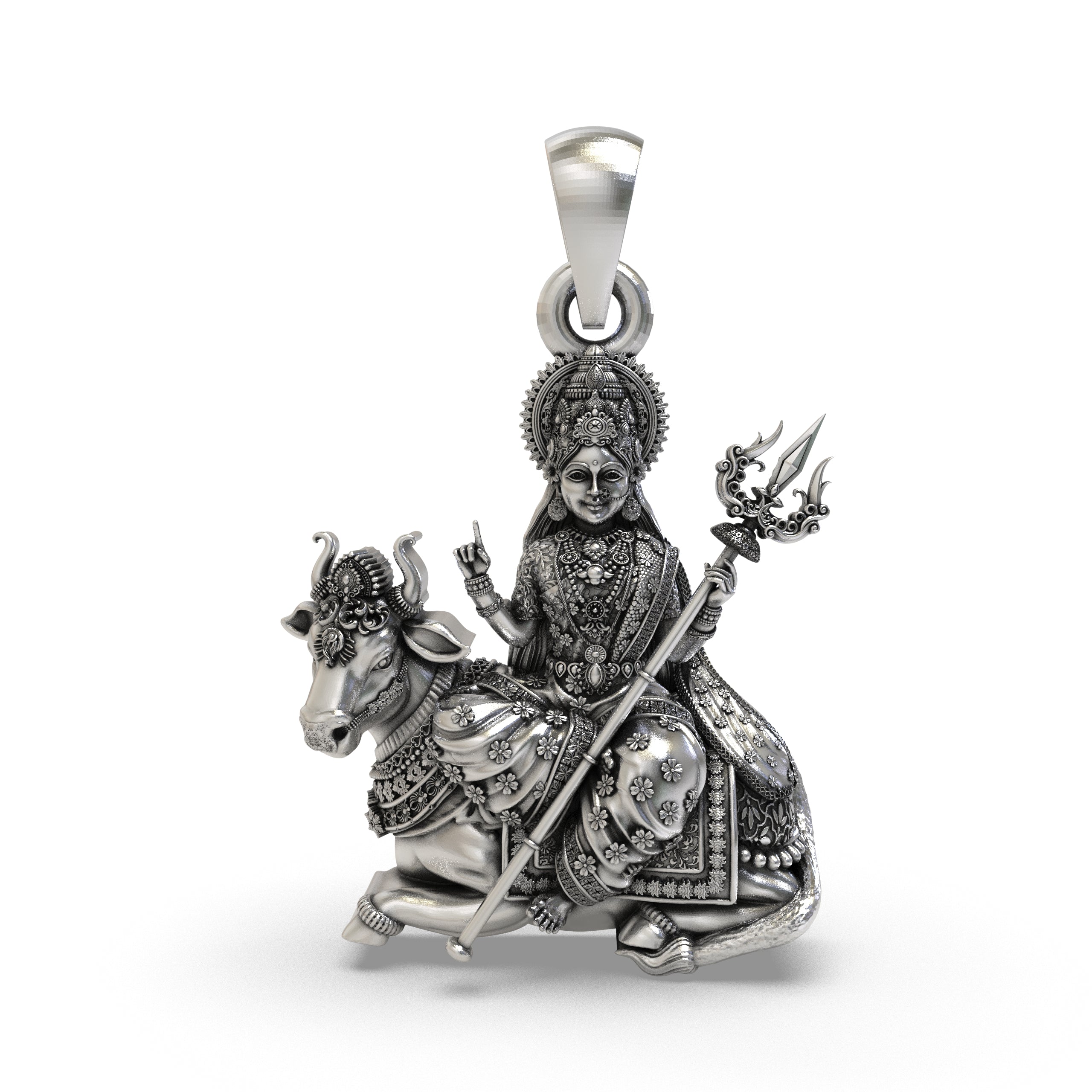 Front view of the 925 silver Mahagauri Durga pendant on a bull with a beautiful antique-oxidized finish.