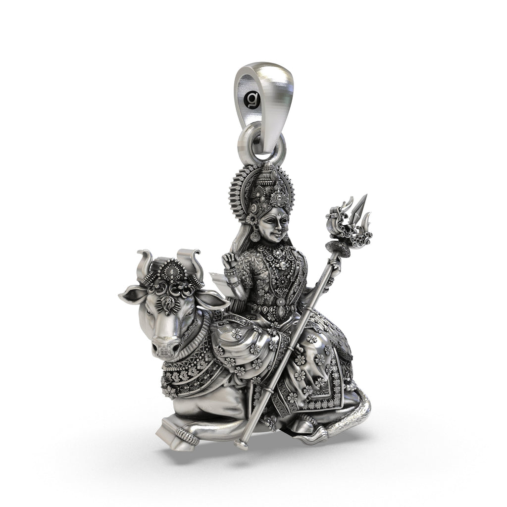 Angled view highlighting the dark oxidized contrast of the handcrafted 925 silver Mahagauri Durga pendant.