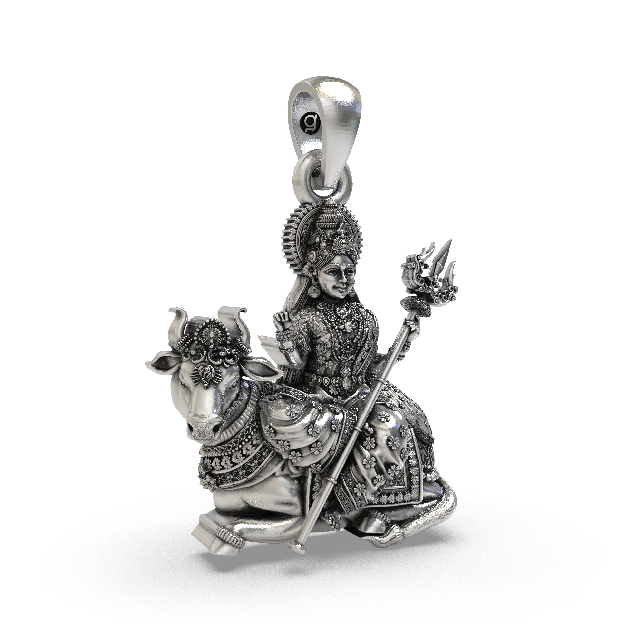 Angled view highlighting the dark oxidized contrast of the handcrafted 925 silver Mahagauri Durga pendant.