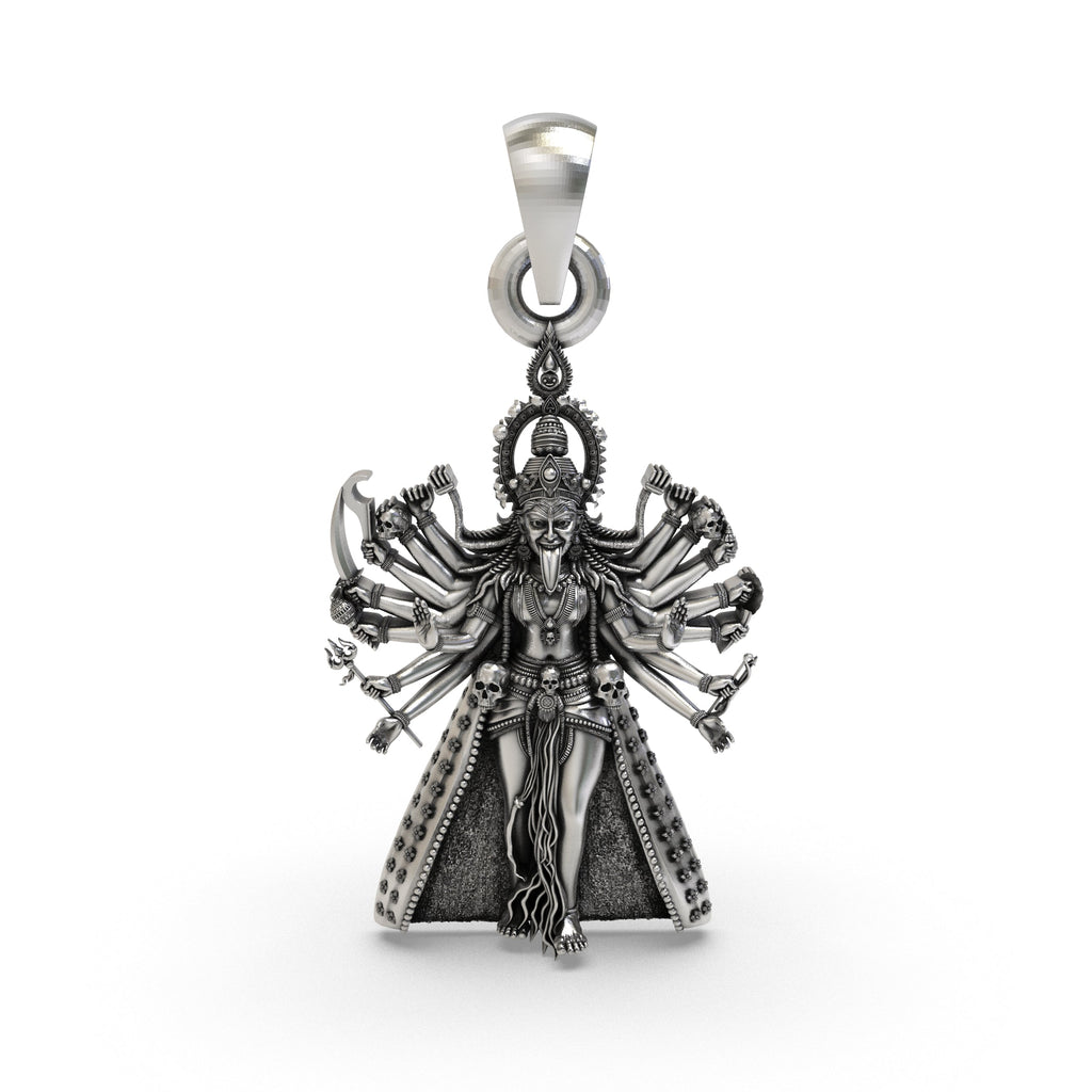 Front view of the 925 Silver Kali Maa Pendant featuring intricate multi-armed Mahakali details.