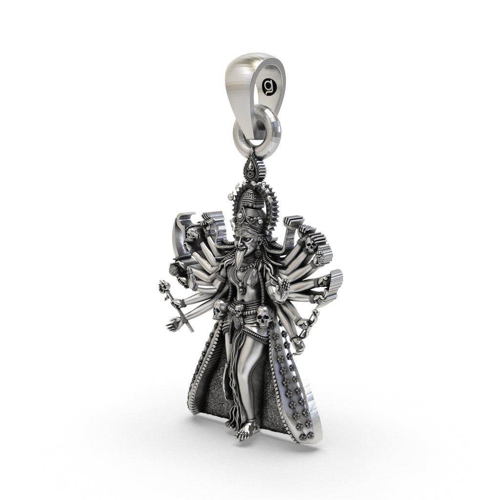 Close-up of the antique oxidized finish on the 925 Sterling Silver Kali Maa temple jewelry pendant.