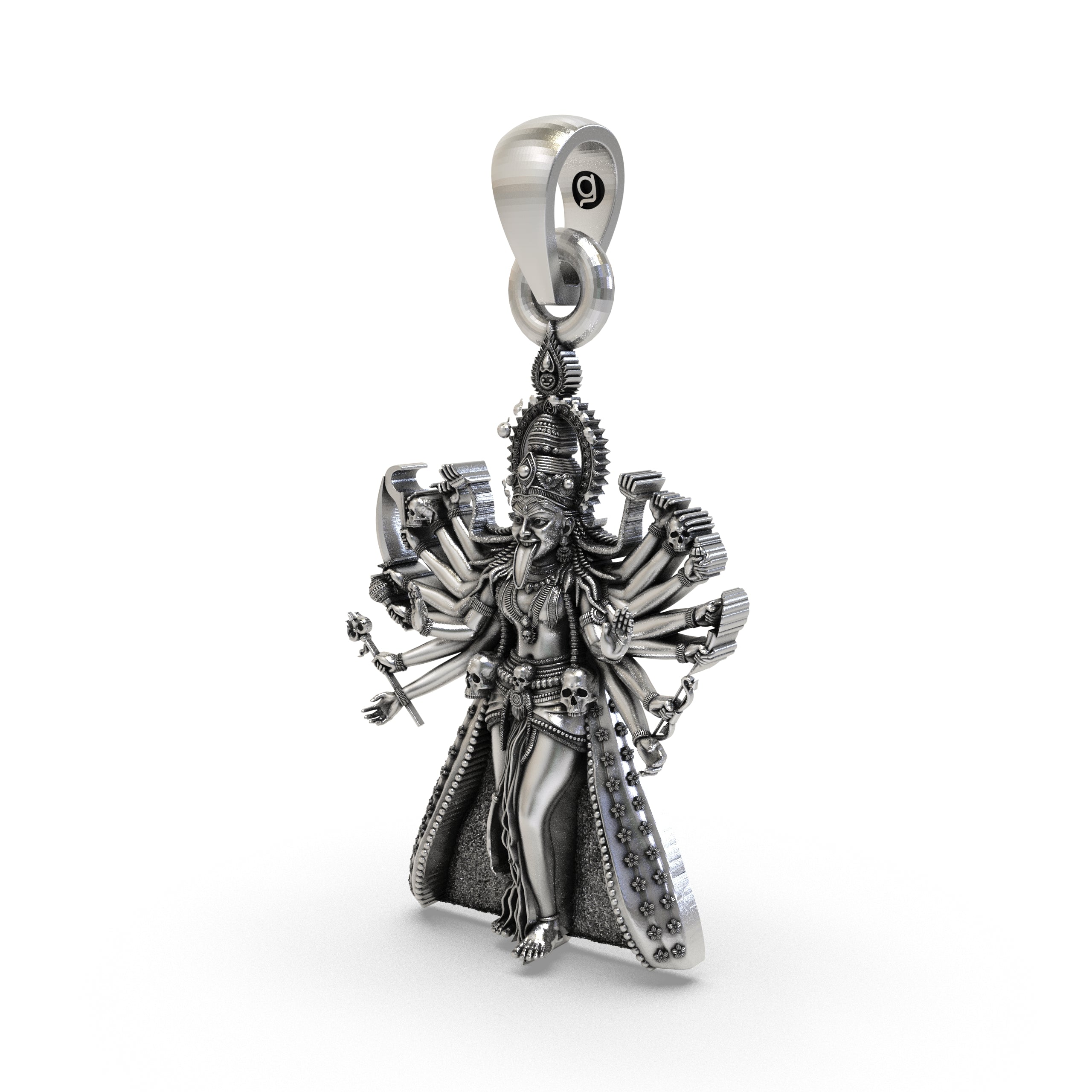 Close-up of the antique oxidized finish on the 925 Sterling Silver Kali Maa temple jewelry pendant.