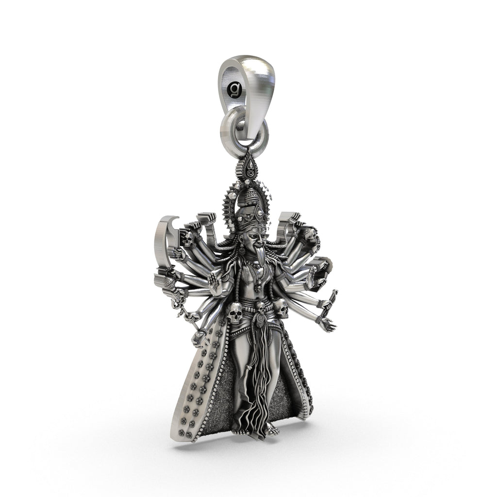 Angled view of the handcrafted Mahakali idol silver pendant highlighting the Trishul and skull garland.