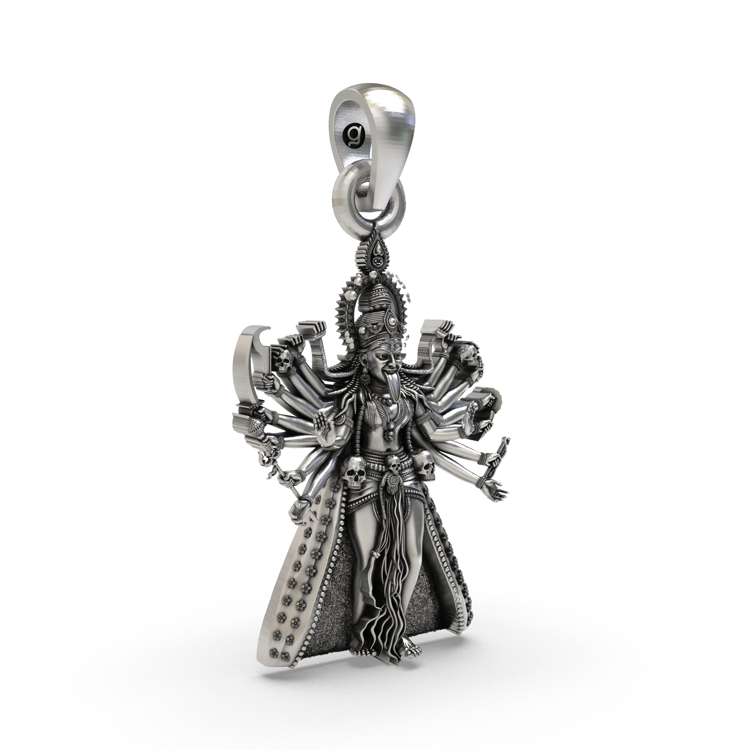 Angled view of the handcrafted Mahakali idol silver pendant highlighting the Trishul and skull garland.