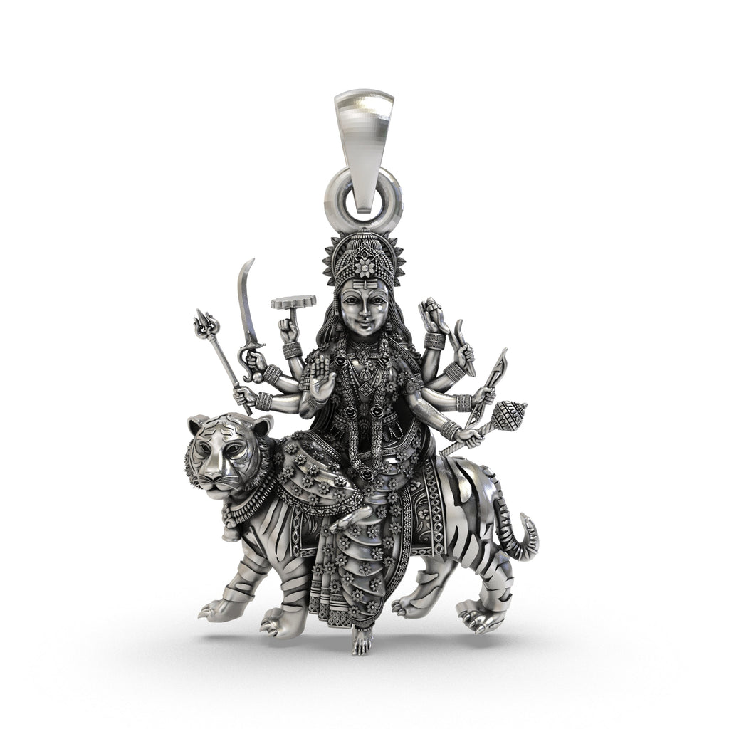 Front view of the 925 silver Durga Maa pendant showing intricate tiger vahana details and antique finish.