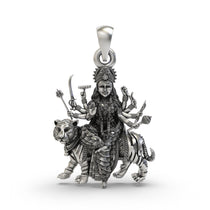 Front view of the 925 silver Durga Maa pendant showing intricate tiger vahana details and antique finish.