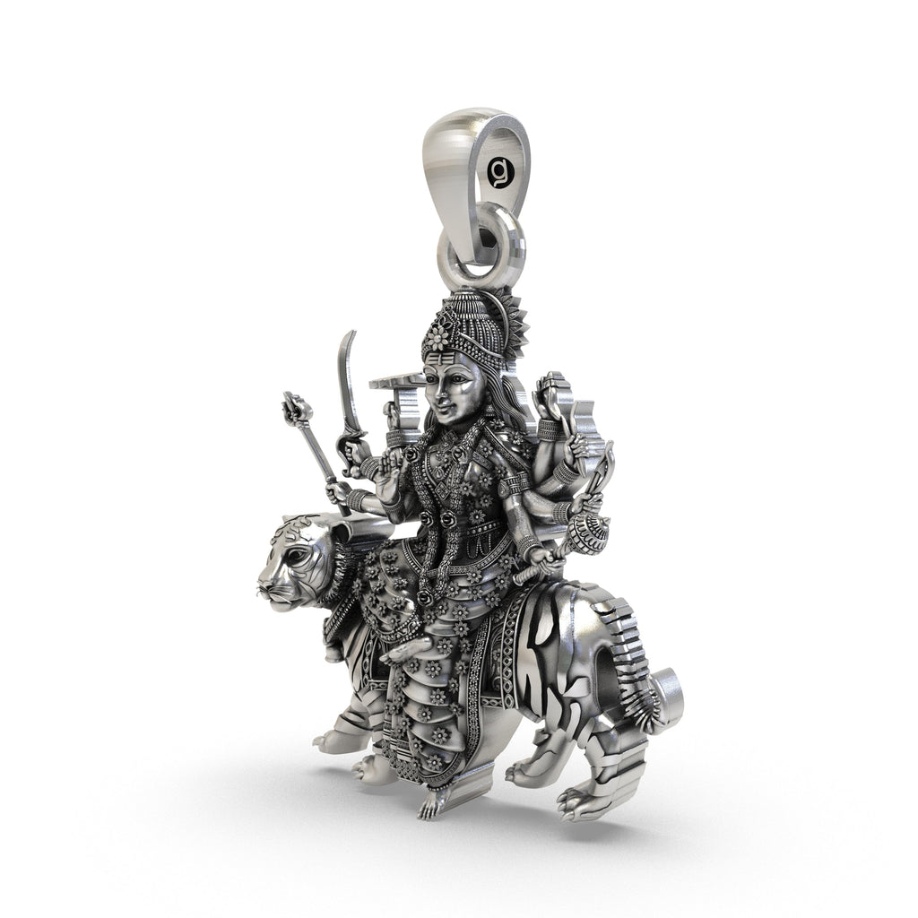 Close-up of the handcrafted 925 sterling silver Durga Maa pendant highlighting the multi-armed Shakti.